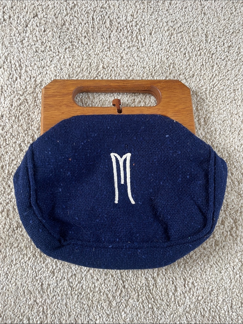 Vintage Navy Wool Clutch Bag with Monogram M and Wooden Handle